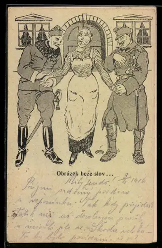 AK Frau zwischen zwei österreichischen Soldaten