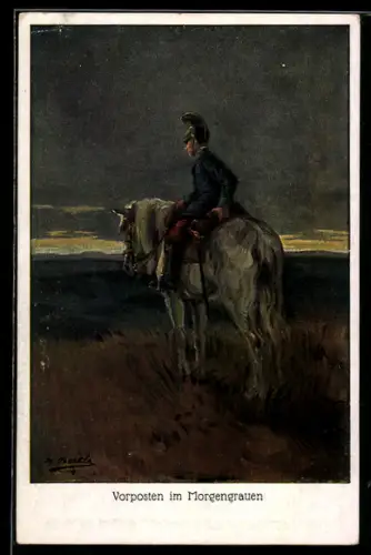 Künstler-AK Kavallerie Österreich, Kavallerist auf Vorposten im Morgengrauen