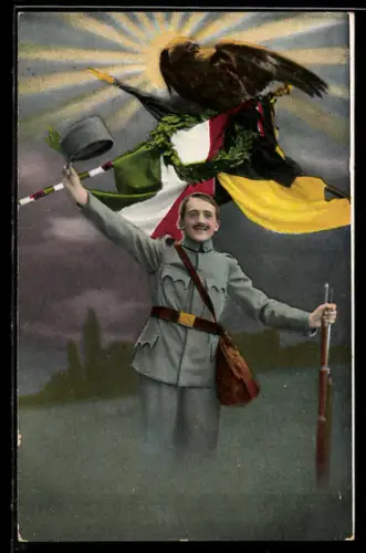 AK Österreichischer Soldat mit Flagge und Adler