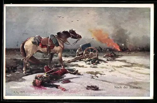 Künstler-AK Nach der Schlacht, Pferd und gefallener Reiter