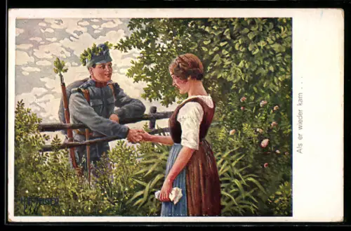 AK Österreichischer Soldat mit Frau am Zaun
