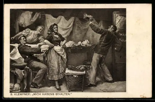 AK Österreichischer Soldat mit Frauen in der Wäscherei, Mich habens g`halten