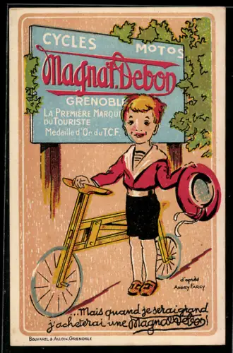 AK Reklame für Fahrräder von Magnat Debon, Kind mit Fahrrad und Hut