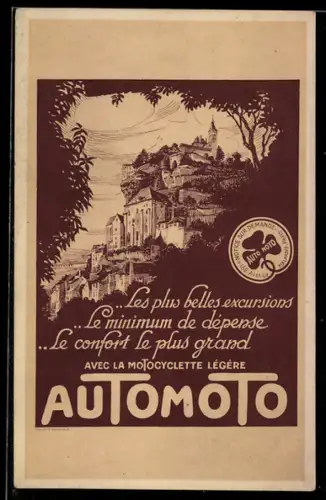 AK Reklame für Motorräder der Marke Automoto, Ortsansicht mit Schloss