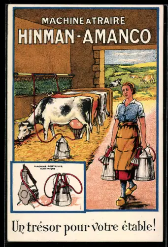 AK Reklame für Melkmaschine der Marke Hinman-Amanco, Bäuerin bei ihren Kühen