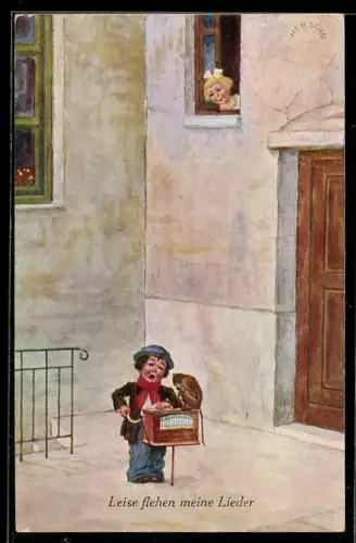 Künstler-AK Alfred Mailick: Kind mit Leierkasten singt am Fenster eines anderen Kindes, Leise flehen meine Lieder