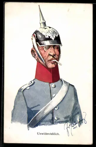 Künstler-AK Fritz Schönpflug: Soldat in Uniform mit Pickelhaube und Zigarette