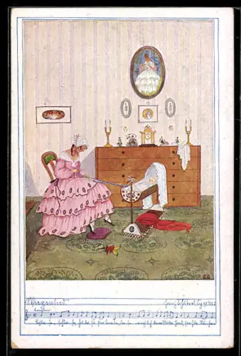 Künstler-AK Mela Köhler: Fräulein wiegt ihr Baby mit einer Schnur an der Wiege, Deutscher Schulverein