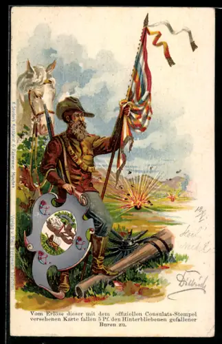 Lithographie Soldat mit Fahne und Wappenschild, Spendenkarte für Hinterbliebene gefallener Buren