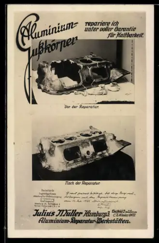 AK Hamburg, Reklame für Handwerker Julius Müller, Reparatur von Aluminium-Gusskörpern