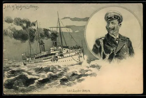 Künstler-AK Carl Jander: S. M. Y. Hohenzollern auf hoher See, Portrait Kaiser Wilhelm II.