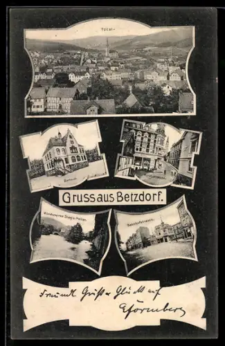 AK Betzdorf, Rathaus, Kirchstrasse, Bahnhofstrasse, Mündung von Sieg und Heller
