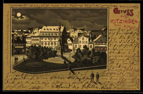 Mondschein-Lithographie Kitzingen a. Main, Ortspartie mit Denkmal