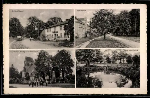 AK Klobbicke, Gasthaus Dorfaue, Kriegerdenkmal und Dorfteich