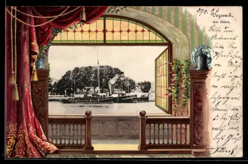 Passepartout-Lithographie Vegesack, Dampfer am Anleger, Fenster mit Vorhang und Geländer
