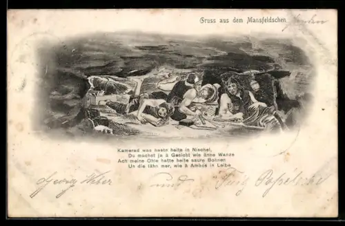 AK Mansfeld / Harz, Bergbau, Bergarbeiter in engem Schacht