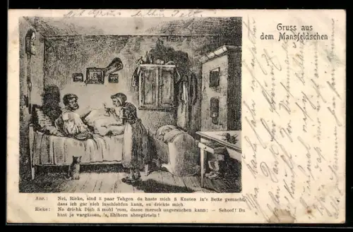 AK Mansfeld, Familie in der Stube, Rieke spricht zu ihrem Ehemann