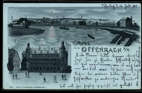 Lithographie Offenbach a. M., Schloss und Totalansicht