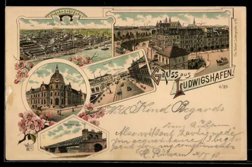 Lithographie Ludwigshafen a. Rh., Bahnhof, Rheinbrücke, Post und Anilin- und Sodafabrik