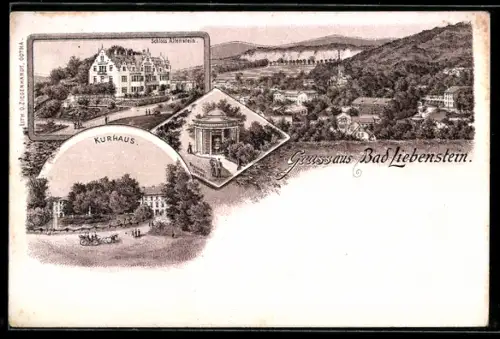 Lithographie Bad Liebenstein, Kurhaus, Schloss Altenstein und Brunnentempel