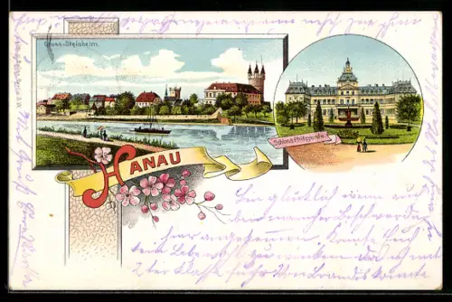 Lithographie Hanau, Blick auf Gross-Steinheim, das Schloss Philippsruhe