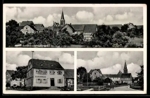 AK Schönborn b. Simmern, Gasthaus zur guten Quelle, Inh. Fritz Georg, Kirche und Ortsansicht