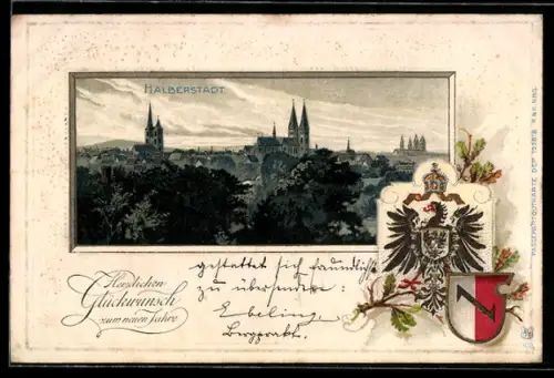 Passepartout-Lithographie Halberstadt, Ortsansicht un Ortswappen