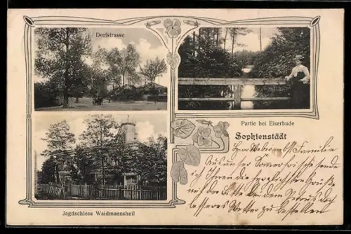 AK Sophienstädt, Jagdschloss Waidmannsheil, Dorfstrasse, Partie bei Eiserbude