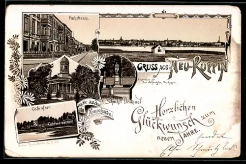Lithographie Neu-Ruppin, Parkstrasse, Café Alsen, Schinkeldenkmal