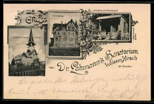 AK Weisser Hirsch bei Dresden, Villa No. XII Alke, Lufthütten am Waldesrand, Kirche