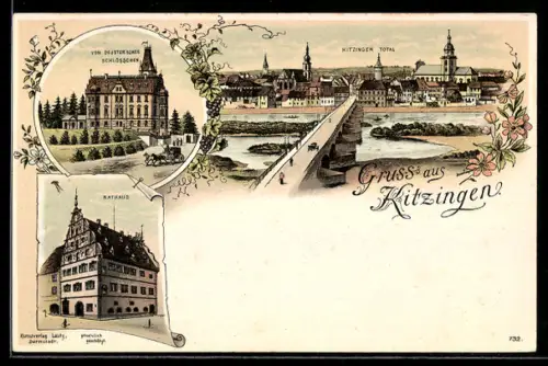 Lithographie Kitzingen, Totalansicht, Von Deuster`sches Schlösschen, Rathaus