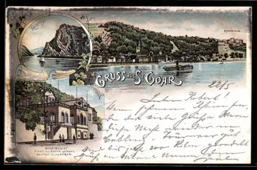 Lithographie St. Goar, Totalansicht mit Rheinfels und Gasthof Rheinlust, Bes. J. von Büren
