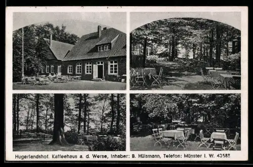 AK Münster i. W., Kaffeehaus Hugerlandshof an der Werse B. Hülsmann, mit Gartenansichten