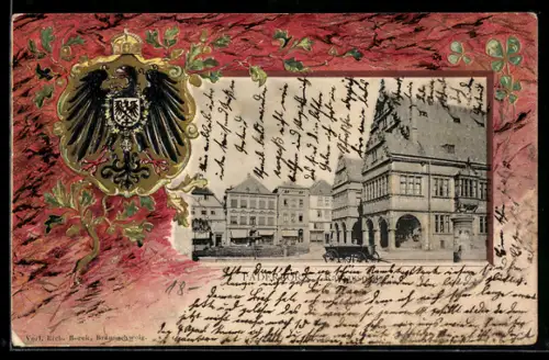 Passepartout-Lithographie Paderborn, Partie am Rathausplatz mit Wappen im Passepartout
