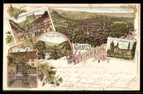 Lithographie Weinheim / Bergstrasse, Gesamtansicht, Marktplatz u. Burg Windeck, Schloss
