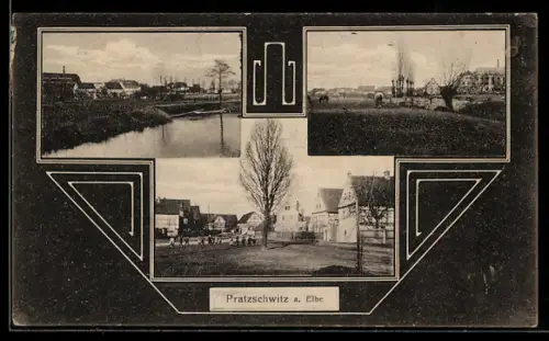 AK Pratzschwitz a. Elbe, Diverse Ortspartien mit Brücke und am Ufer