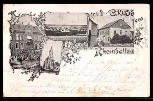 AK Rheinböllen, Totalansicht, Kirche und Gasthaus zur grünen Quelle, Inh. J. Weber