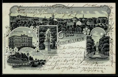Lithographie Kirchheimbolanden, Totalansicht, Friedhofsdenkmal, Schillerdenkmal und Amtsgericht