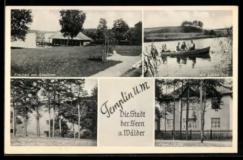 AK Templin /U.-M., Freibad, Partie am Lübbe-See mit Ruderboot, Haus Lüdtke