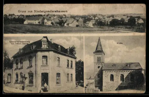 AK Niedergondershausen, Totalansicht, Geschäft von Johann Jakobs und Kirche