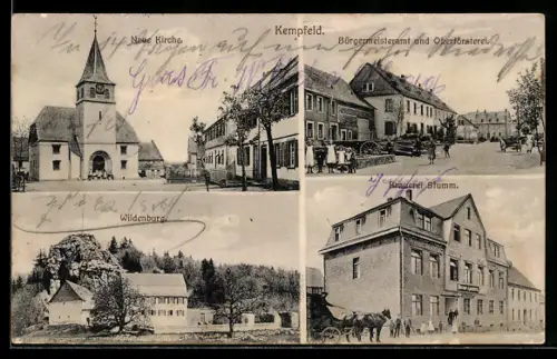 AK Kempfeld, Neue Kirche, Bürgermeisteramt und Oberförsterei, Brauerei Strumm, Wildenburg