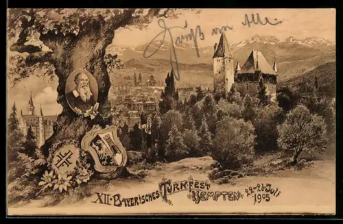 Künstler-AK Kempten, XII. Bayerisches Turnfest 1905, Portrait von Turnvater Jahn am Baum, Schloss, Ortspartie