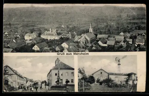 AK Merxheim, Totalansicht und Ortspartie mit Denkmal