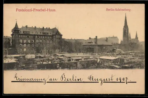 AK Berlin-Schöneberg, Pestalozzi-Froebel-Haus vor der Laubenpieperkolonie, Kirche