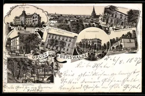 Lithographie Eberswalde, Gasthaus Spechthausen, Schützenhaus, Forst-Akademie