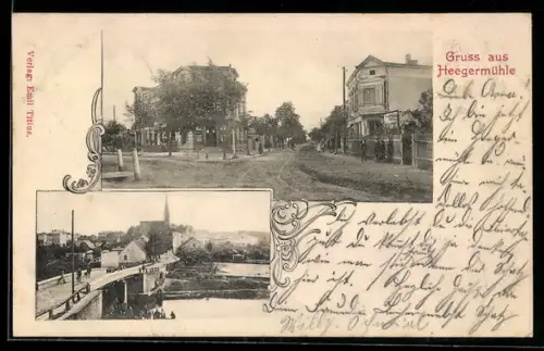 AK Heegermühle, Strassenpartie, Ortsansicht mit Kirche