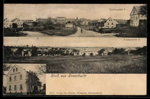 AK Gnaschwitz, Totalansichten des Ortes und Restaurant