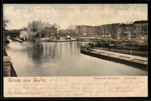AK Berlin-Kreuzberg, Elektrische Hochbahn und Hafenplatz