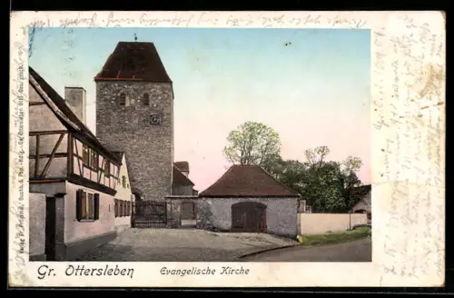 AK Gr. Ottersleben, Evangelische Kirche mit Nebengebäuden, von der Strasse gesehen
