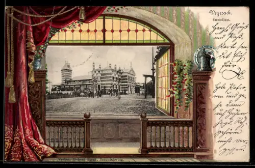 Passepartout-Lithographie Vegesack, Gasthaus Strandlust, Schlossfenster-Passepartout, Brüstung, Vorhang